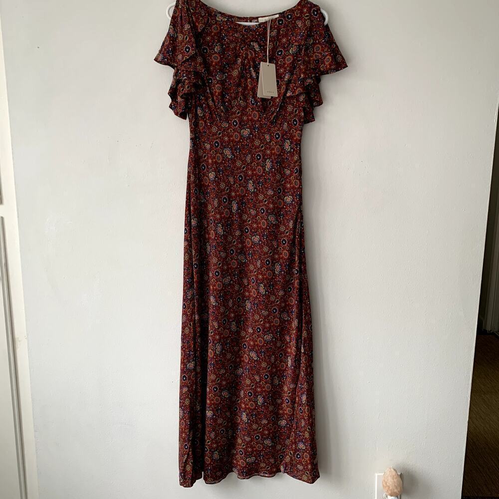 NWT Doen Beatriz Silk Ruffle Short Sleeve Maxi Dress Rouge Adaline Medallion - Picture 8 of 16